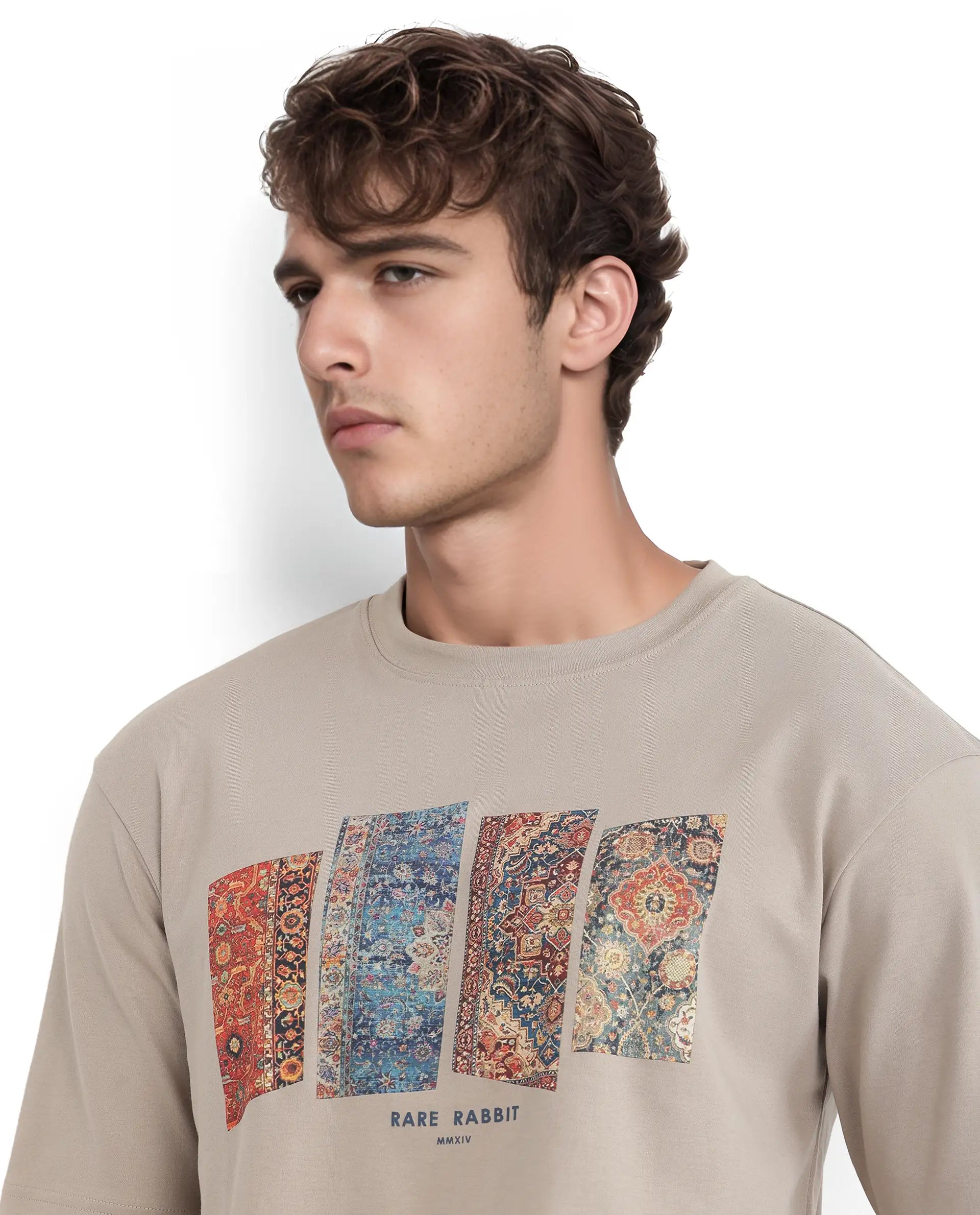 Men's Shirts with Pocket SquaresRare Rabbit Men Lino Dusky Beige Cotton Fabric Short Sleeve Crew Neck Qlo Fit Graphic Print T-Shirt