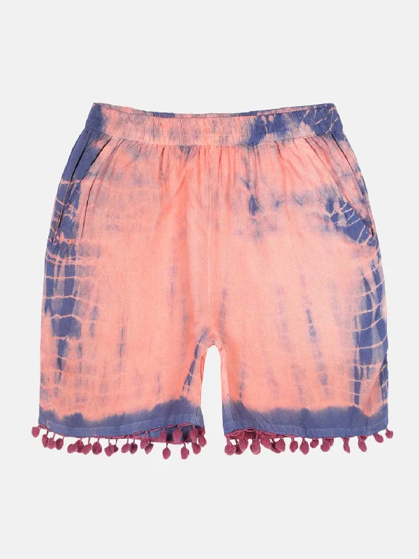 Adjustable Waistband Men's Casual ShortsGirls Pom Pom Lace Hem Tie & Dye Shorts