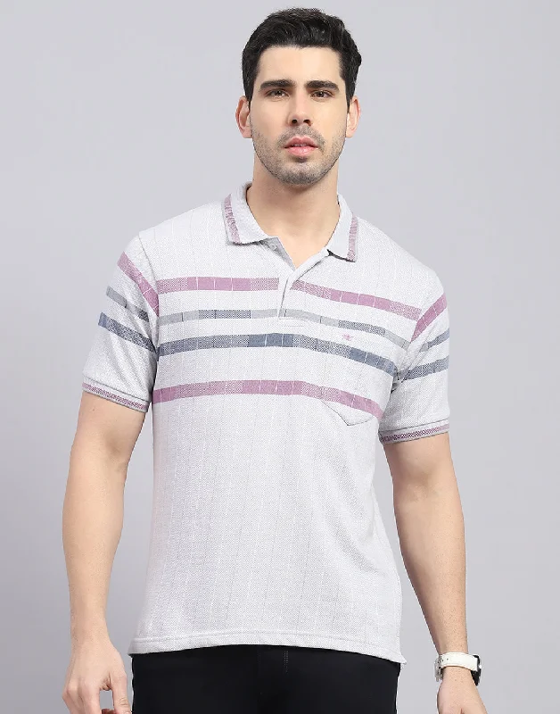 Men's Shirts with Logo EmbossmentsMen Grey Stripe Polo Collar Half Sleeve T-Shirt