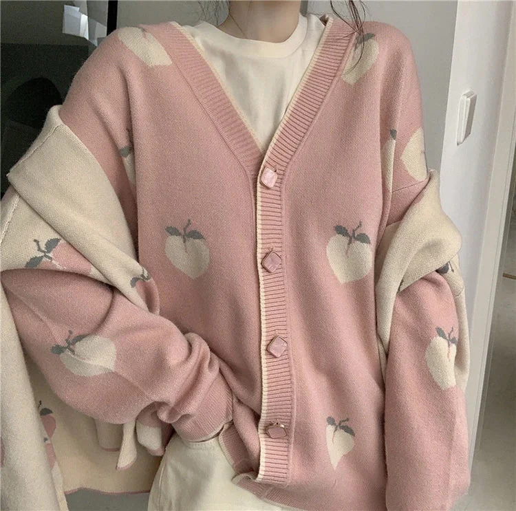 Men's Sweaters with Ribbed WaistbandsKittenAlarm - Peach Fruits Pattern Cute Cardigan Sweater Men's Sweaters with Ribbed WaistbandsKittenAlarm - Peach Fruits Pattern Cute Cardigan Sweater