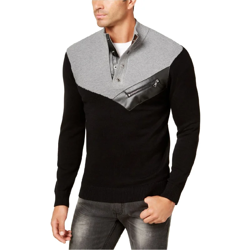 Men's Sweaters with Patchwork DesignsI-N-C Mens Four-Snap Faux-Leather Trim Pullover Sweater, Grey, X-Small Men's Sweaters with Patchwork DesignsI-N-C Mens Four-Snap Faux-Leather Trim Pullover Sweater, Grey, X-Small