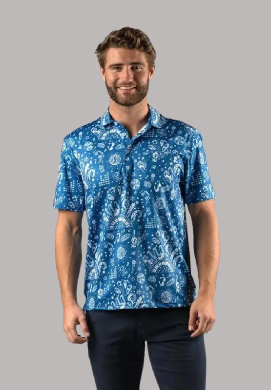 Men's Shirts with Patch PocketsBlue with White Music Print Polo Shirt