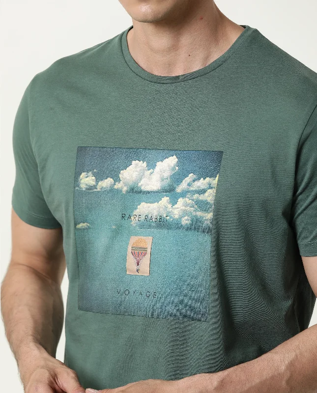 Men's Shirts for Outdoor ActivitiesRare Rabbit Men's Rigens Green Cotton Fabric Crew Neck Half Sleeves Slim Fit Graphic Print T-Shirt Men's Shirts for Outdoor ActivitiesRare Rabbit Men's Rigens Green Cotton Fabric Crew Neck Half Sleeves Slim Fit Graphic Print T-Shirt