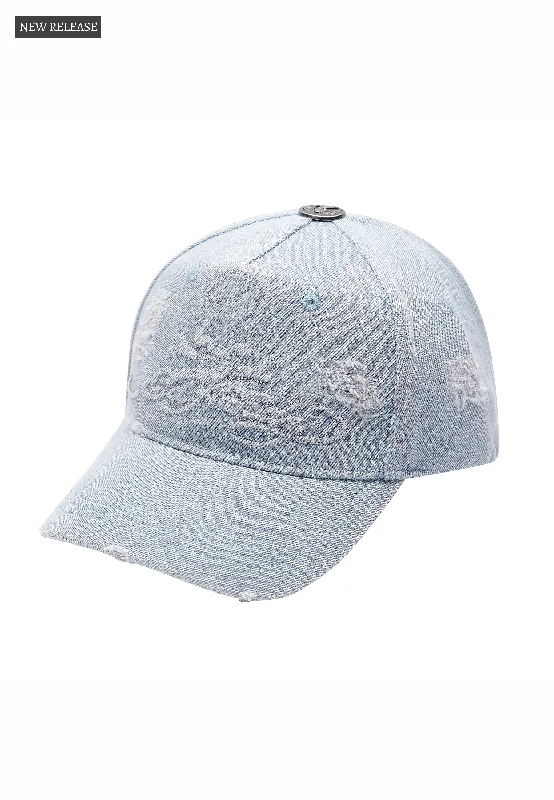 Trendy Work HatsUnisex Denim Embossed Skull 5 Panel Cap - Mid Blue