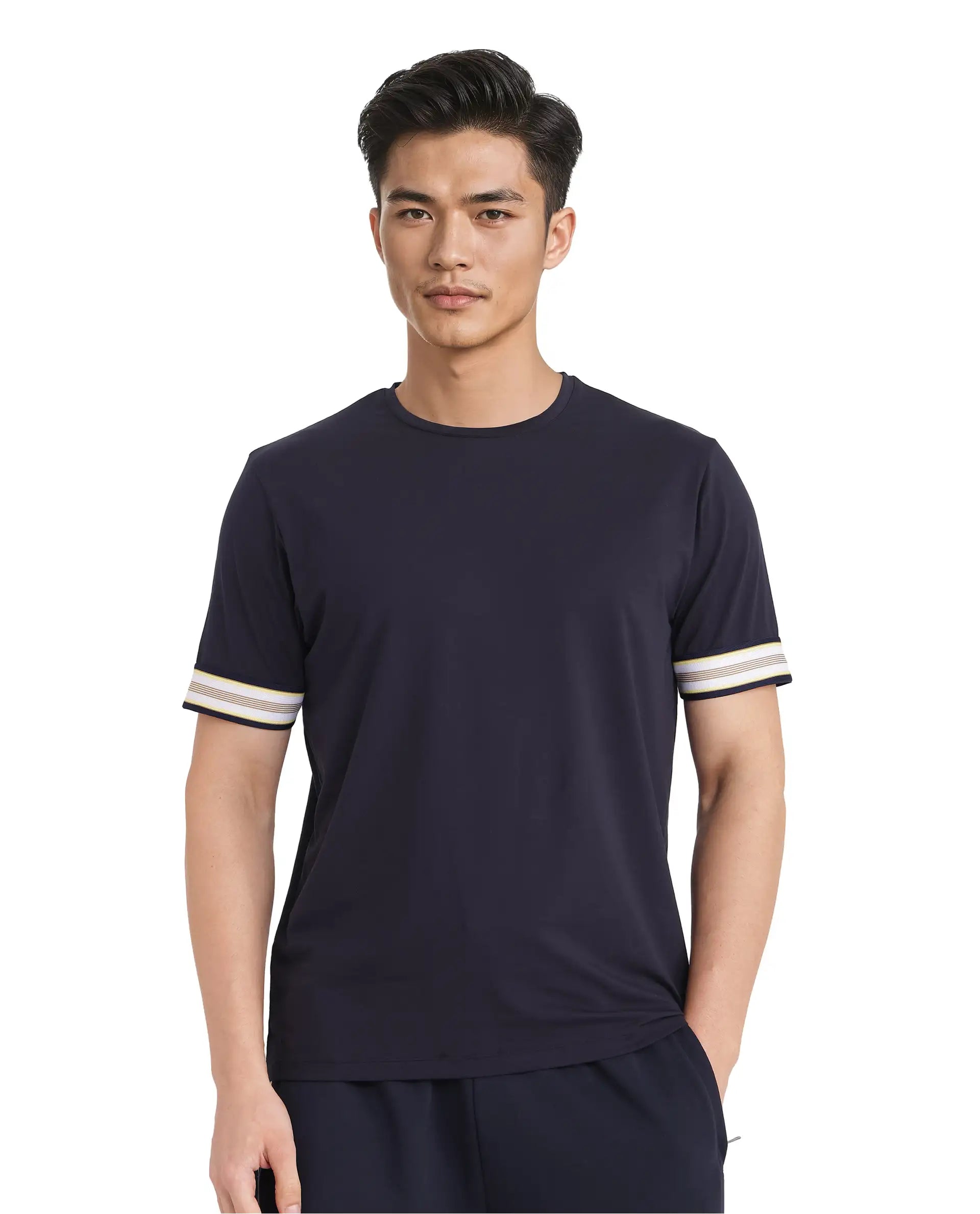 Men's Shirts with Checkered PatternsRare Rabbit Men Oblee Navy Cotton Blend Fabric Short Sleeve Crew Neck Relaxed Fit Tape Detailed Sleeve T-Shirt Men's Shirts with Checkered PatternsRare Rabbit Men Oblee Navy Cotton Blend Fabric Short Sleeve Crew Neck Relaxed Fit Tape Detailed Sleeve T-Shirt