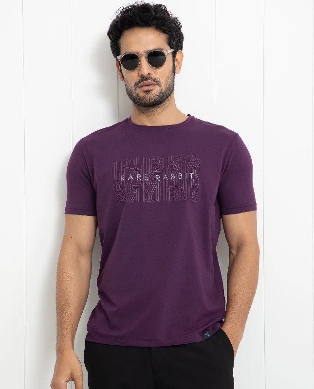 Men's Shirts with Raw-Edge HemlinesRare Rabbit Men's Alanet Purple Crew Neck Foil HD Print Branding Half Sleeves Regular Fit T-Shirt Men's Shirts with Raw-Edge HemlinesRare Rabbit Men's Alanet Purple Crew Neck Foil HD Print Branding Half Sleeves Regular Fit T-Shirt
