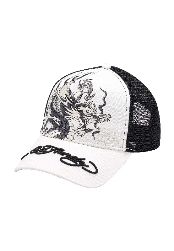 Funky Bucket CapsUnisex Mono Giant Dragon Twill Front Mesh Trucker - White/Black