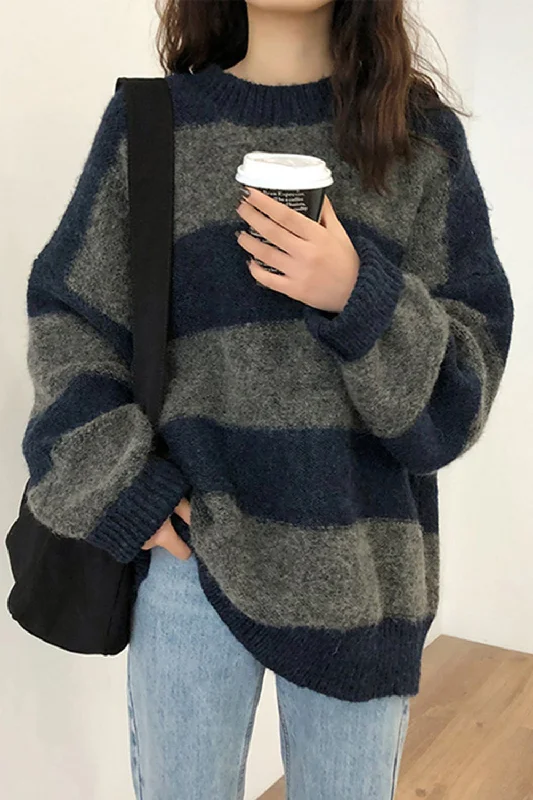 Men's Sweaters for WinterKittenAlarm - Long Sleeve O-Neck Knitted Striped Sweater