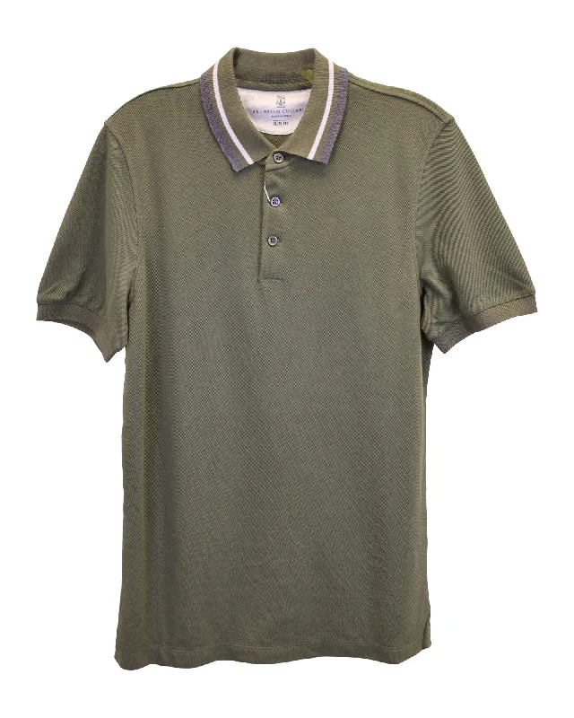 Men's Shirts with Embellished HemlinesBrunello Cucinelli Polo Shirt in Army Green Cotton Pique Men's Shirts with Embellished HemlinesBrunello Cucinelli Polo Shirt in Army Green Cotton Pique