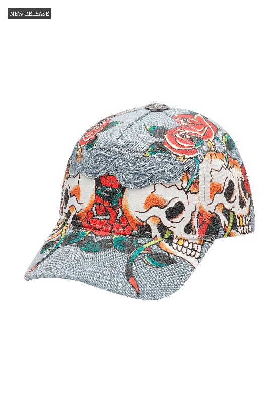Big Size Fedora HatsUnisex Skull Rose Denim 6 Panel Vintage Wash Applique Cap - Mid Blue Big Size Fedora HatsUnisex Skull Rose Denim 6 Panel Vintage Wash Applique Cap - Mid Blue