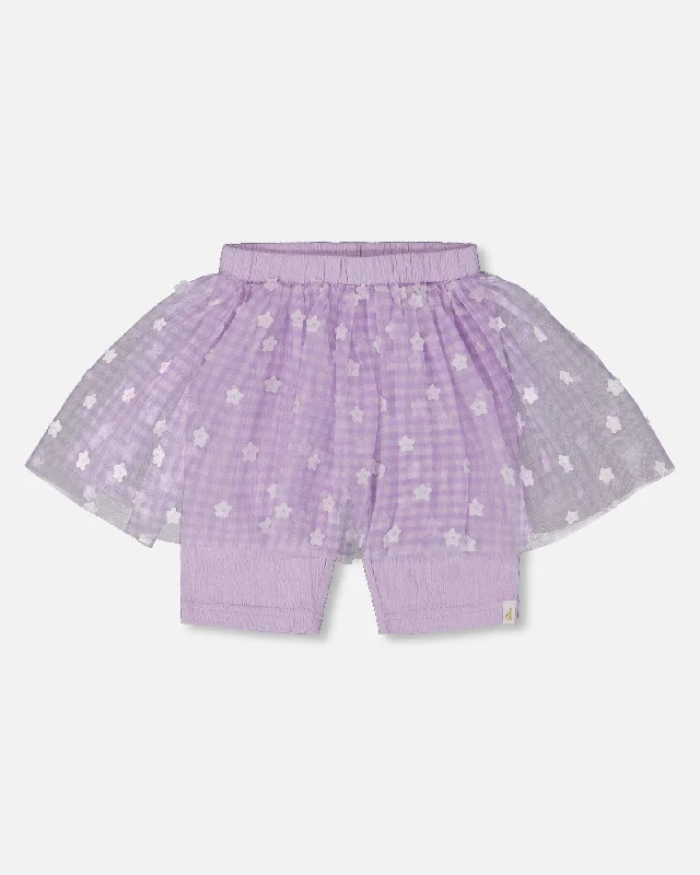 Men's Lightweight Running ShortsCrinkle Biker Short With Flower Mesh Skirt Lilac With White Flowers Men's Lightweight Running ShortsCrinkle Biker Short With Flower Mesh Skirt Lilac With White Flowers