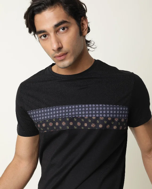 Men's Shirts with High NecksRare Rabbit Brich Primary Black Crew Neck Monogram Printed Half Sleeves Slim Fit T-Shirt Men's Shirts with High NecksRare Rabbit Brich Primary Black Crew Neck Monogram Printed Half Sleeves Slim Fit T-Shirt