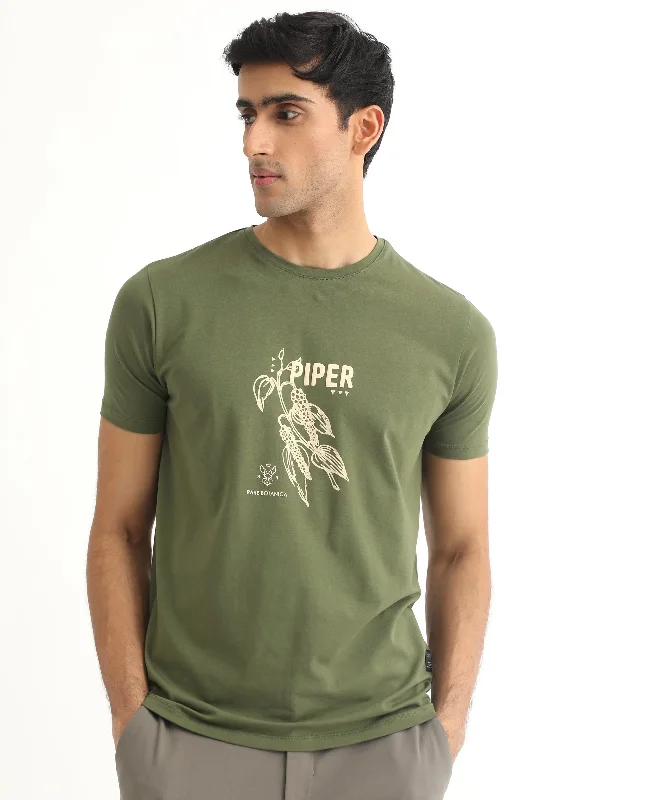 Men's Shirts with Chest PocketsRare Rabbit Men's Quet Olive Crew Neck With Botanical Chest Graphic Half Sleeves Slim Fit T-Shirt
