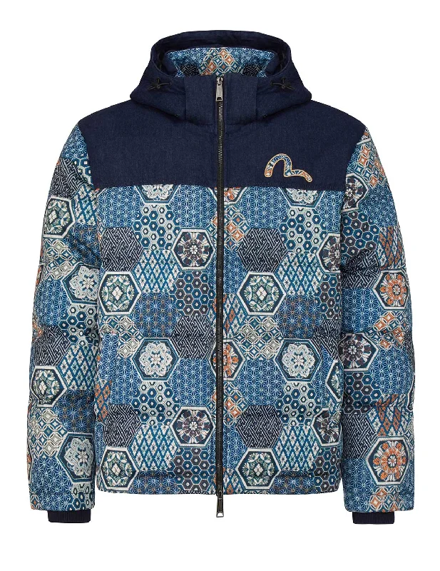 Men's Coats with ZippersAllover Brocade Fabric Blocking Down Jacket