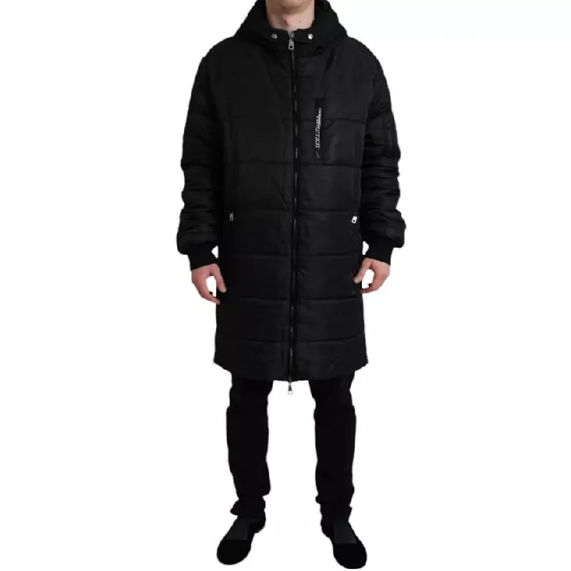 Men's Coats with VentilationBlack Nylon Hooded Parka Coat Winter Jacket