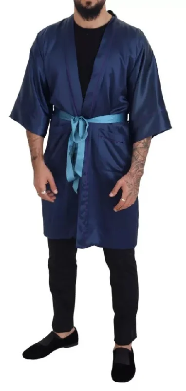 Men's Coats with Slim FitsBlue Satin Silk Waist Belt Robe Jacket