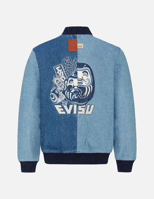 Men's Coats with Slim FitsDouble-face Daruma Appliqué Two-tone Denim Bomber Jacket Men's Coats with Slim FitsDouble-face Daruma Appliqué Two-tone Denim Bomber Jacket