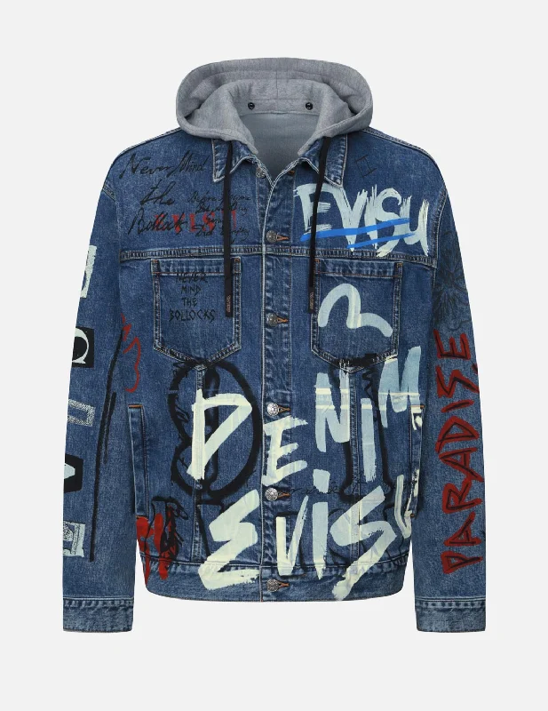 Men's Coats for Outdoor ActivitiesGraffiti Print Loose Fit Hooded Denim Jacket
