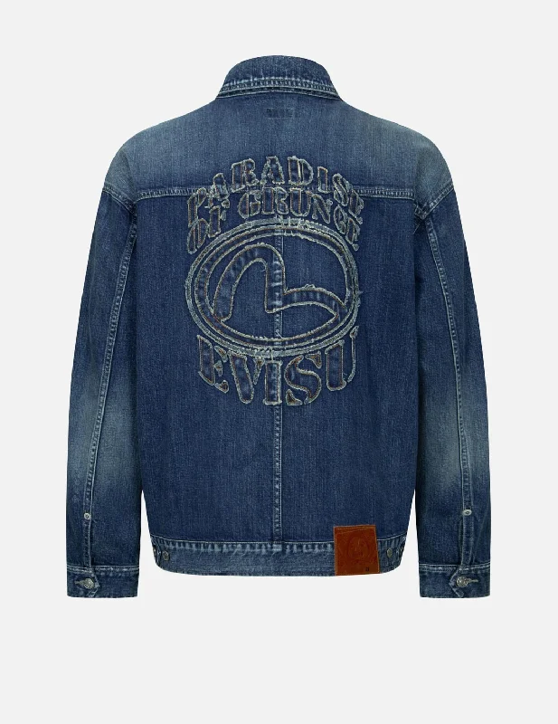 Cool Men's Pea CoatsGrunge Style Logo and Seagull Appliqué Loose Fit Denim Jacket