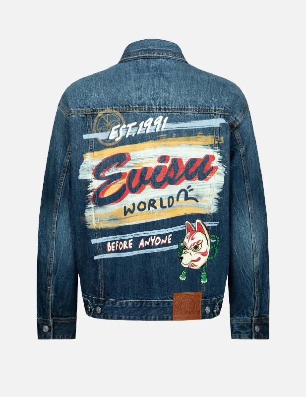 Men's Coats with Magnetic ClosuresInari Mask Print Loose Fit Denim Jacket with Metal Pins Men's Coats with Magnetic ClosuresInari Mask Print Loose Fit Denim Jacket with Metal Pins