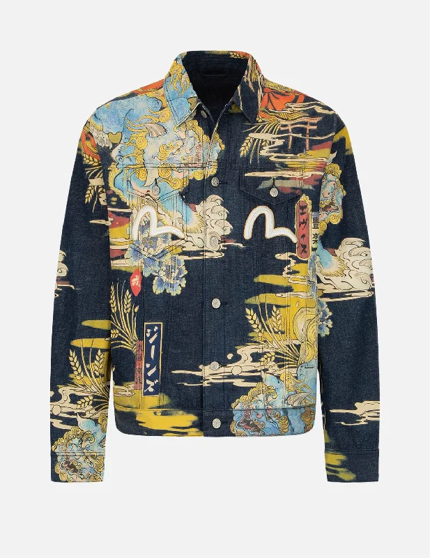 Men's Coats for HikingKomainu Vintage Japanese Painting Print Denim Jacket