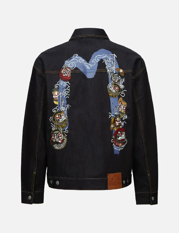 Men's Coats with Contrast StitchingKumadori Daruma Daicock Print and Embroidery Loose Fit Denim Jacket Men's Coats with Contrast StitchingKumadori Daruma Daicock Print and Embroidery Loose Fit Denim Jacket