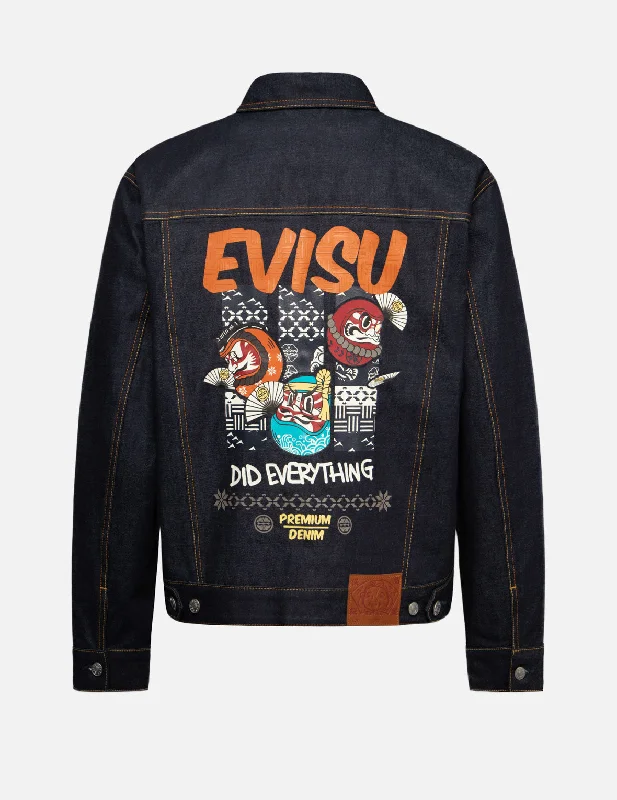 Men's Coats with Synthetic InsulationKumadori Daruma Print Relax Fit Denim Jacket