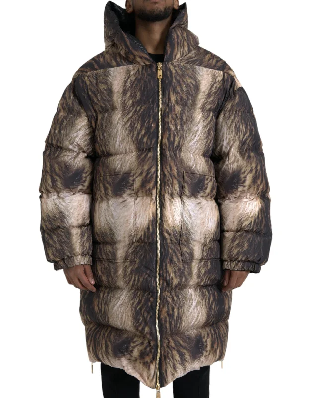 Men's Coats for WalkingParka Brown Full Zip Hooded Long Coat Jacket