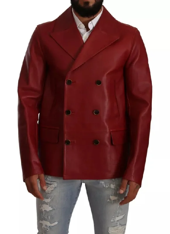 Stylish Men's Biker JacketsRed Double Breasted Leather Coat Jacket