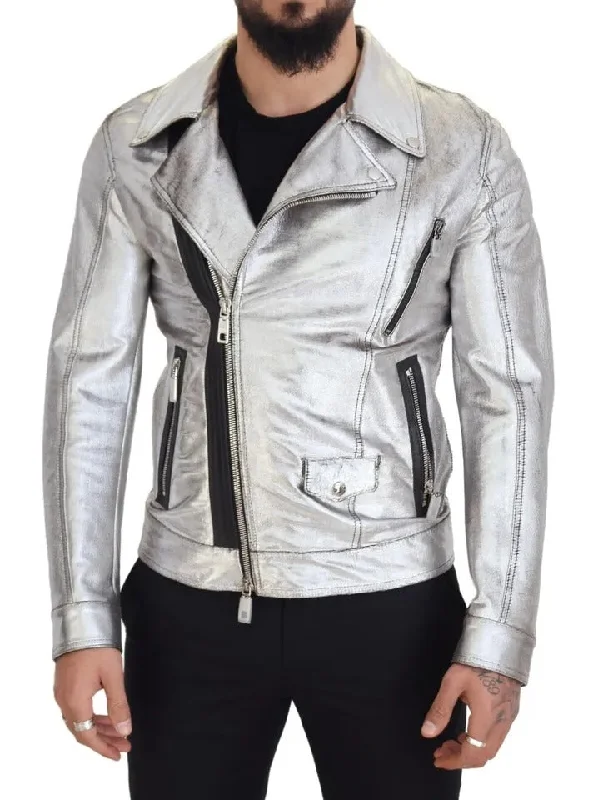 Designer Men's OvercoatsSilver Leather Biker Coat Lambskin Jacket