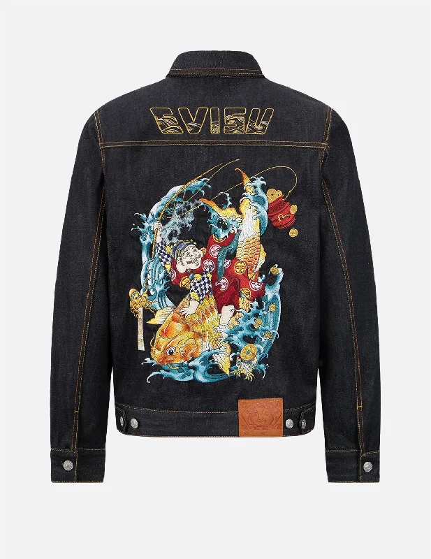 Men's Coats for Running“The God of Fortune Riding Waves” Embroidery Denim Jacket