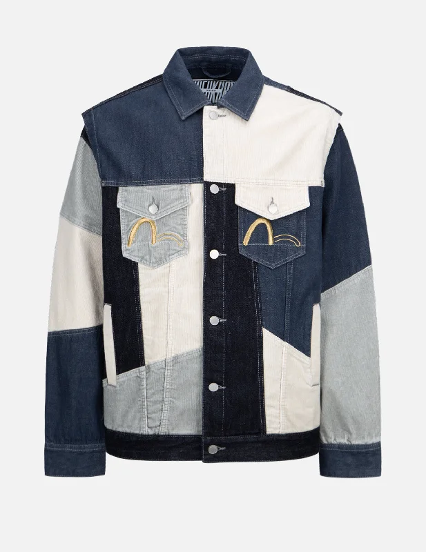 Men's Coats with Fur TrimTri-Tone Fabric Mixed Denim Jacket