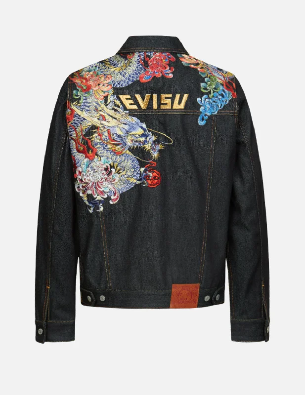 Modern Men's Field JacketsUkiyo-e Dragon and Chrysanthemum Embroidered Denim Jacket Modern Men's Field JacketsUkiyo-e Dragon and Chrysanthemum Embroidered Denim Jacket