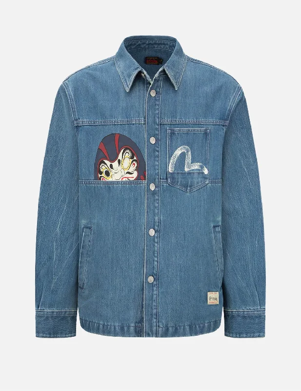 Winter-Ready Men's CoatsVintage Daruma Print Denim Shirt Jacket