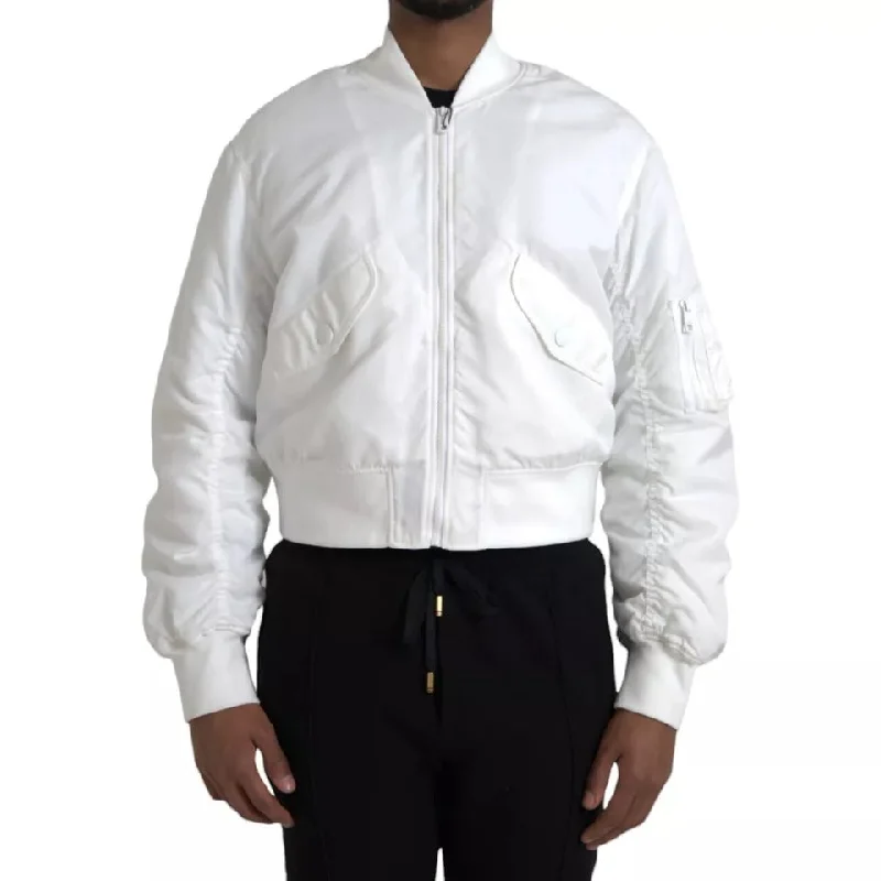 Men's Coats for Every OccasionWhite Bomber Long Sleeves Full Zip Jacket