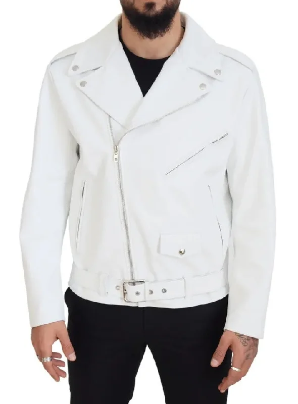 Men's Coats Made in the USAWhite Leather Biker Coat Zipper Jacket